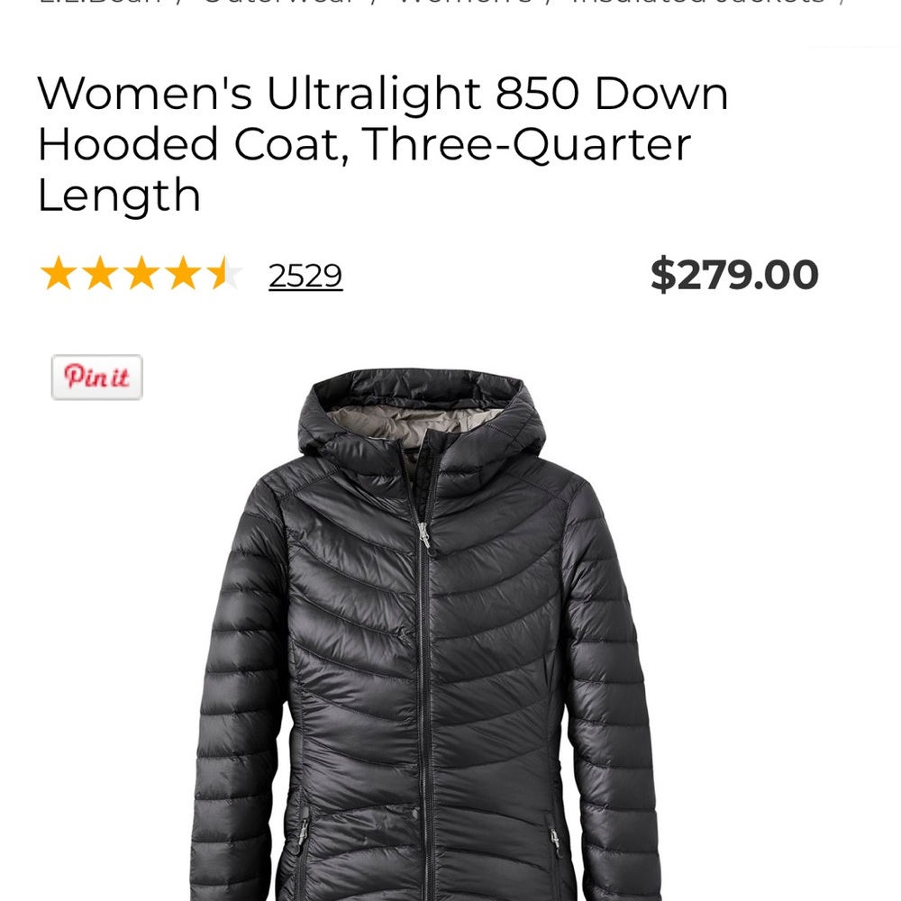 LL Bean Size S Black Ultralight 850 Down Hooded Coat Three-Quarter Length